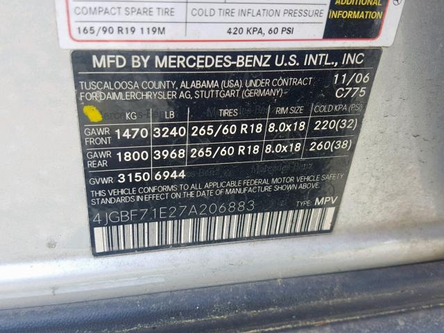 4JGBF71E27A206883 - 2007 MERCEDES-BENZ GL 450 4MA SILVER photo 10