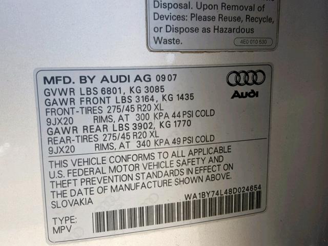 WA1BY74L48D024654 - 2008 AUDI Q7 3.6 QUA SILVER photo 10