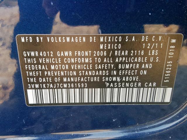 3VW1K7AJ7CM361593 - 2012 VOLKSWAGEN JETTA BASE BLUE photo 10