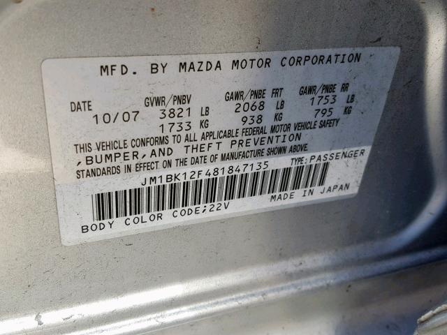 JM1BK12F481847135 - 2008 MAZDA 3 I SILVER photo 10