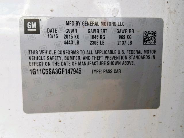 1G11C5SA3GF147945 - 2016 CHEVROLET MALIBU LIM 白色 照片 10