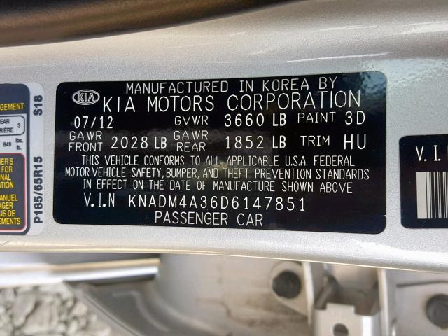 KNADM4A36D6147851 - 2013 KIA RIO LX WHITE photo 10