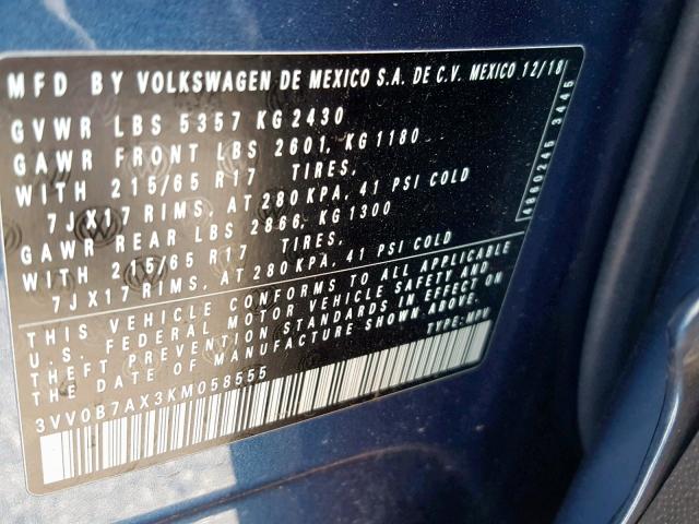 3VV0B7AX3KM058555 - 2019 VOLKSWAGEN TIGUAN S BLUE photo 10