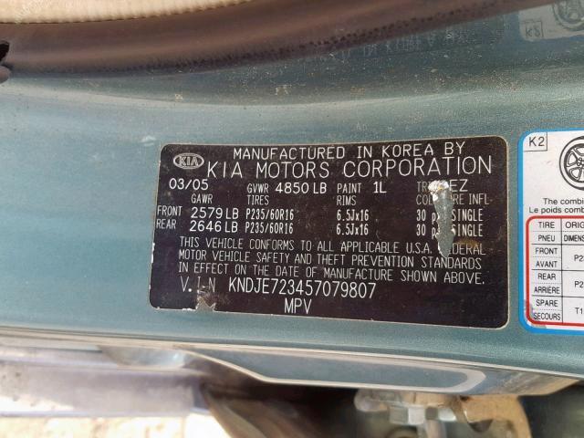 KNDJE723457079807 - 2005 KIA NEW SPORTA GREEN photo 10