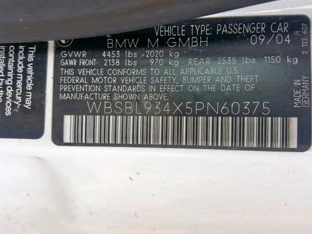 WBSBL934X5PN60375 - 2005 BMW M3 WHITE photo 10