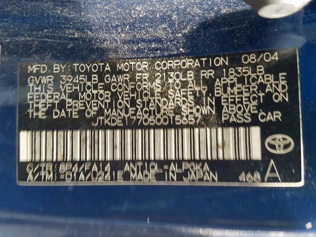 JTKDE177050015657 - 2005 TOYOTA SCION TC ლურჯი ფოტო 10