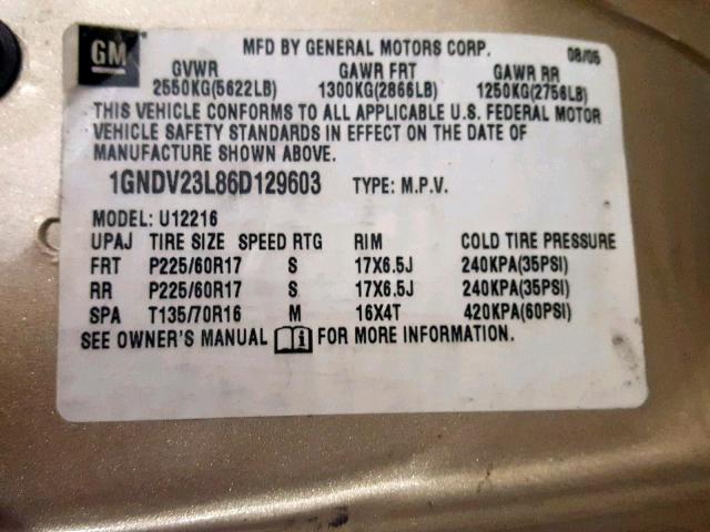 1GNDV23L86D129603 - 2006 CHEVROLET UPLANDER L 棕色 照片 10