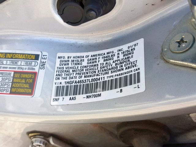 1HGFA46537L000411 - 2007 HONDA CIVIC GX SILVER photo 10