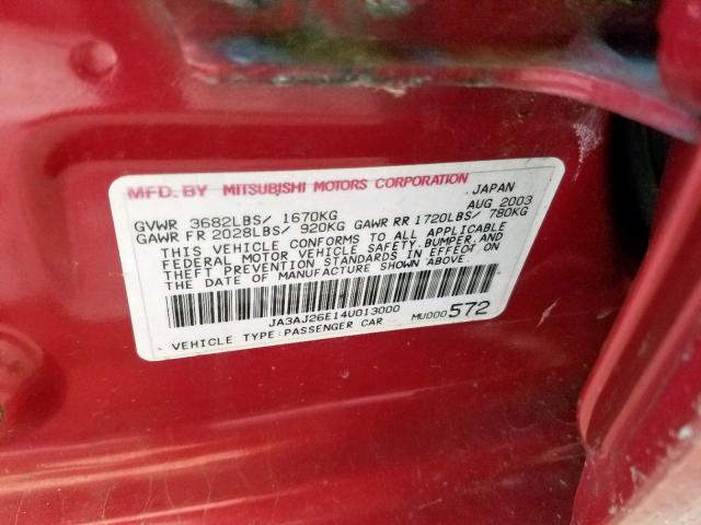 JA3AJ26E14U013000 - 2004 MITSUBISHI LANCER ES RED photo 10