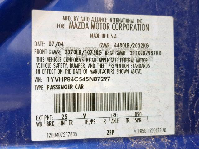 1YVHP84C545N87297 - 2004 MAZDA 6 I BLUE photo 10