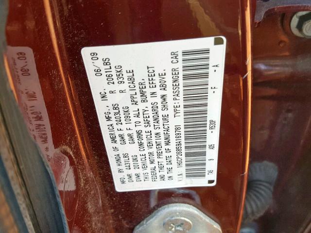 1HGCP26859A169781 - 2009 HONDA ACCORD EXL BURGUNDY photo 10