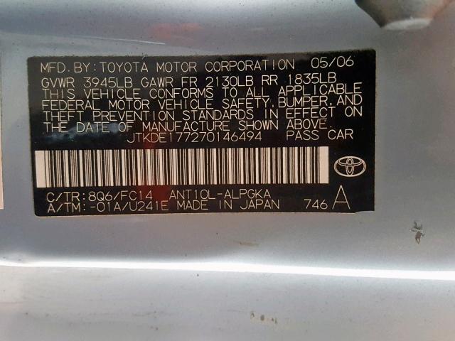 JTKDE177270146494 - 2007 TOYOTA SCION TC BLUE photo 10