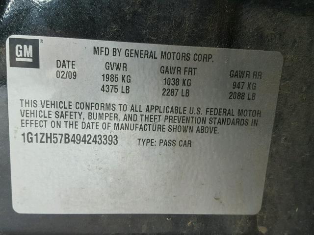 1G1ZH57B494243393 - 2009 CHEVROLET MALIBU 1LT შავი ფოტო 10