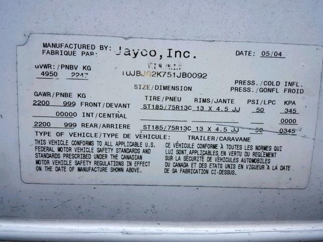 1UJBJ02K751JB0092 - 2005 JAYCO JAFEATHER WHITE photo 10