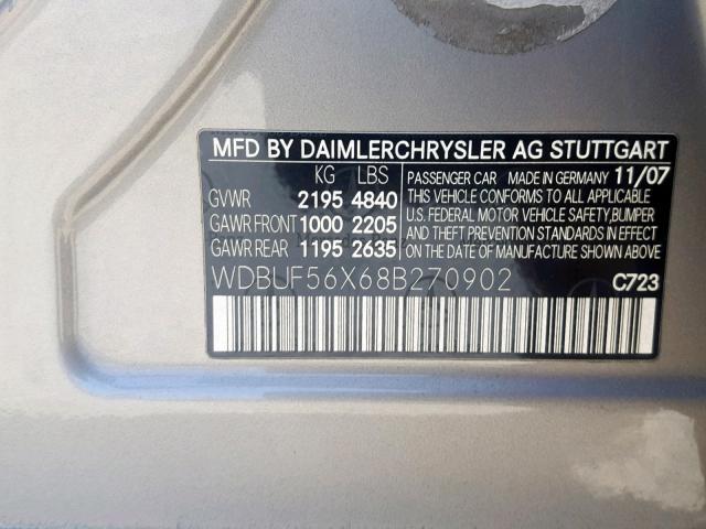 WDBUF56X68B270902 - 2008 MERCEDES-BENZ E 350 SILVER photo 10