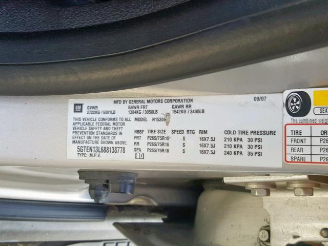 5GTEN13L688138778 - 2008 HUMMER H3 ALPHA GRAY photo 10