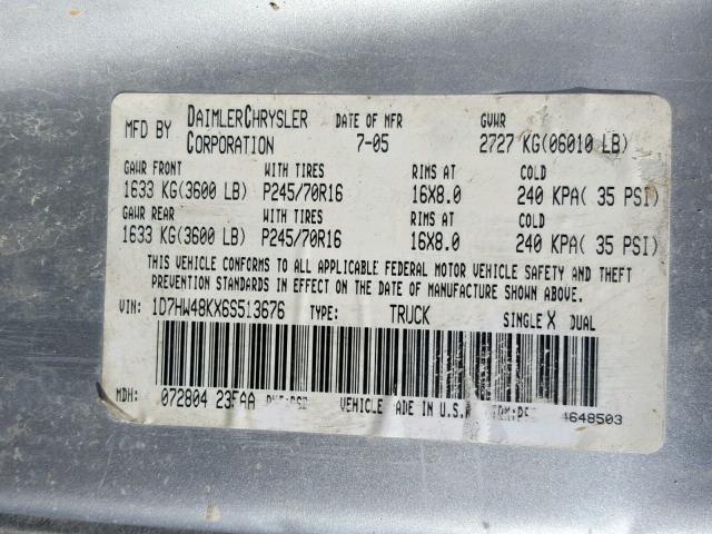 1D7HW48KX6S513676 - 2006 DODGE DAKOTA QUA GRAY photo 10