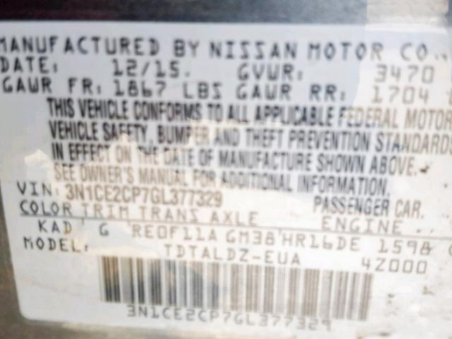 3N1CE2CP7GL377329 - 2016 NISSAN VERSA NOTE GRAY photo 10