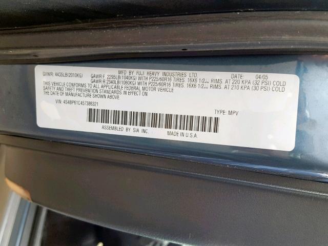 4S4BP61C457386321 - 2005 SUBARU LEGACY OUT BLUE photo 10