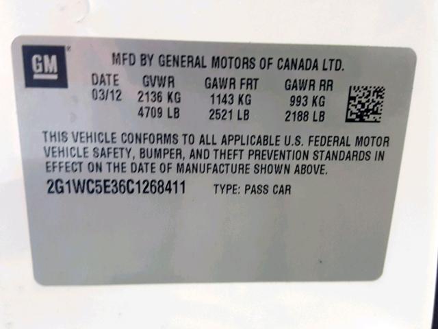 2G1WC5E36C1268411 - 2012 CHEVROLET IMPALA LTZ WHITE photo 10