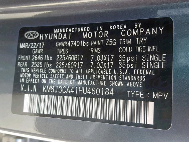 KM8J3CA41HU460184 - 2017 HYUNDAI TUCSON LIM GRAY photo 10