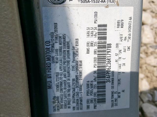 3FAFP06Z36R179788 - 2006 FORD FUSION S SILVER photo 10