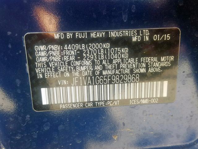 JF1VA1G65F9829868 - 2015 SUBARU WRX LIMITE BLUE photo 10