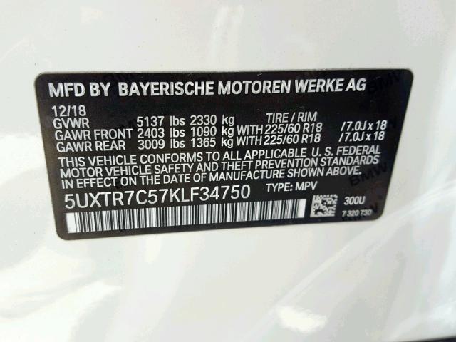 5UXTR7C57KLF34750 - 2019 BMW X3 SDRIVE3 WHITE photo 10