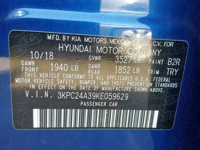 3KPC24A39KE059629 - 2019 HYUNDAI ACCENT SE BLUE photo 10