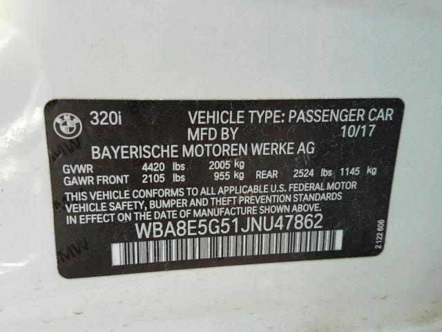 WBA8E5G51JNU47862 - 2018 BMW 320 XI WHITE photo 10