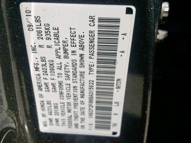 1HGCP2F88BA015622 - 2011 HONDA ACCORD EXL GRAY photo 10