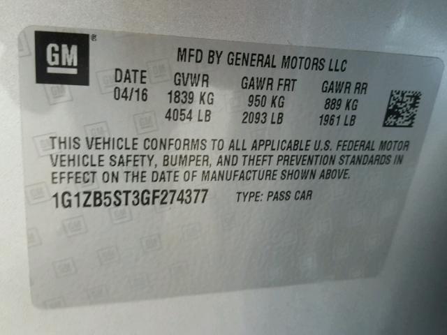 1G1ZB5ST3GF274377 - 2016 CHEVROLET MALIBU LS 银色 照片 10