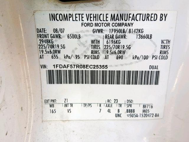 1FDAF57R08EC25355 - 2008 FORD F550 SUPER WHITE photo 10