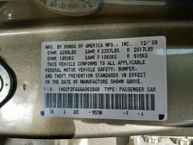 1HGCP2F44AA062948 - 2010 HONDA ACCORD LXP GOLD photo 10