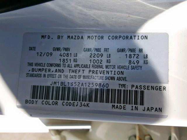 JM1BL1S52A1259860 - 2010 MAZDA 3 S WHITE photo 10