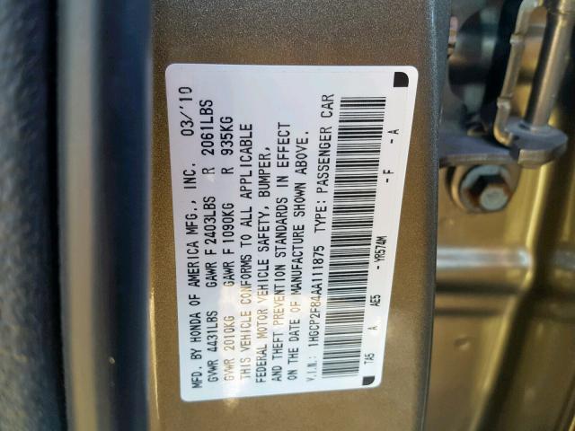 1HGCP2F84AA111875 - 2010 HONDA ACCORD EXL GOLD photo 10