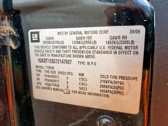 1GKDT13S672147907 - 2007 GMC ENVOY BLACK photo 10