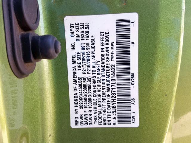 5J6YH28717L014422 - 2007 HONDA ELEMENT EX GREEN photo 10