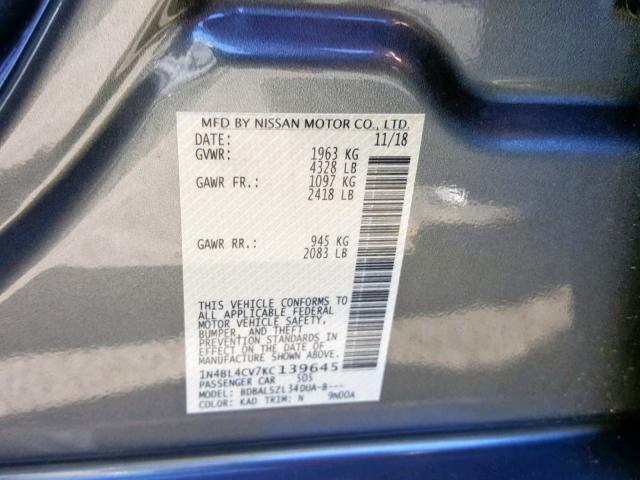 1N4BL4CV7KC139645 - 2019 NISSAN ALTIMA SR GRAY photo 10