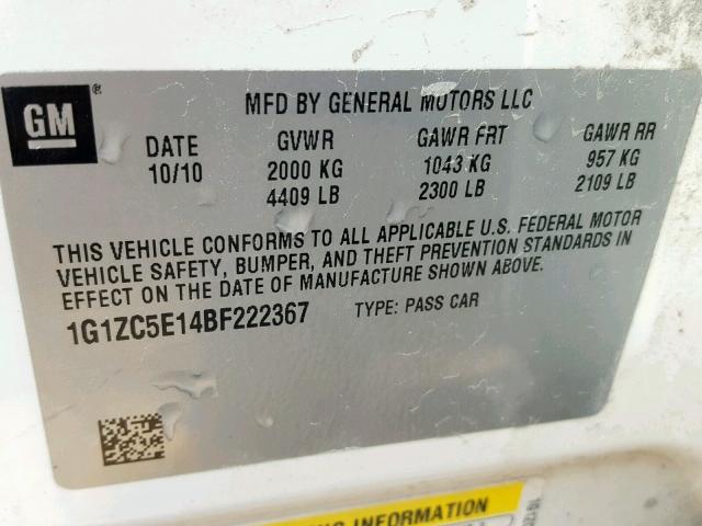 1G1ZC5E14BF222367 - 2011 CHEVROLET MALIBU 1LT 白色 照片 10