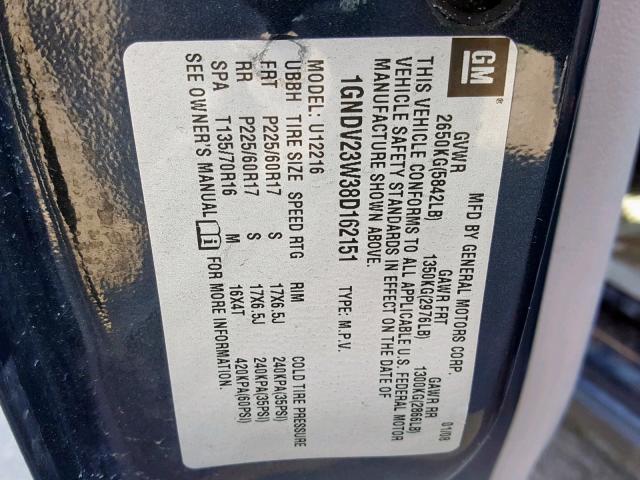 1GNDV23W38D162151 - 2008 CHEVROLET UPLANDER L BLUE photo 10