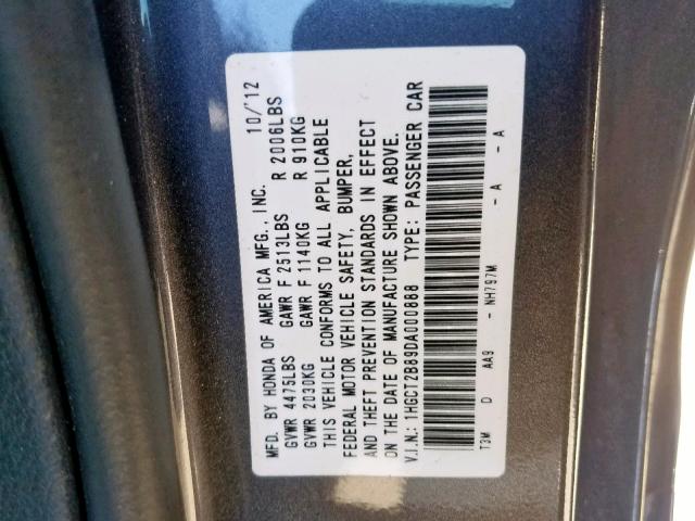 1HGCT2B89DA000888 - 2013 HONDA ACCORD EXL GRAY photo 10