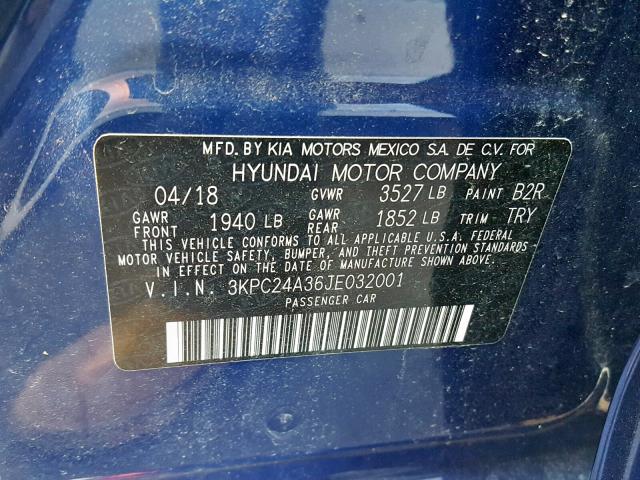 3KPC24A36JE032001 - 2018 HYUNDAI ACCENT SE BLUE photo 10