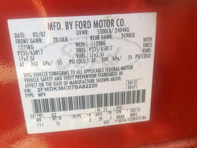 2FMDK36C07BA82220 - 2007 FORD EDGE SE RED photo 10