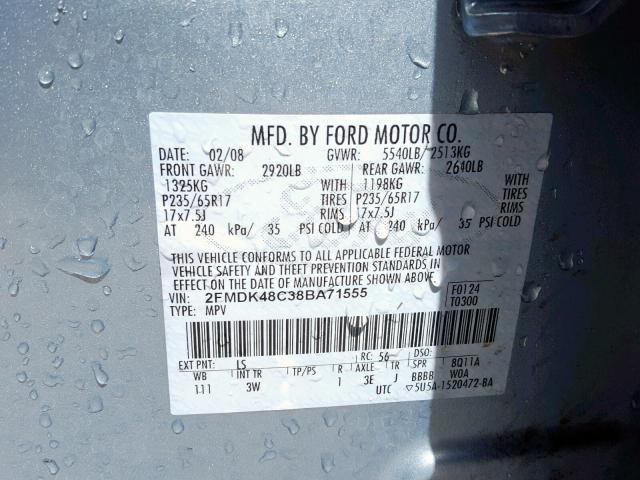 2FMDK48C38BA71555 - 2008 FORD EDGE SEL BLUE photo 10