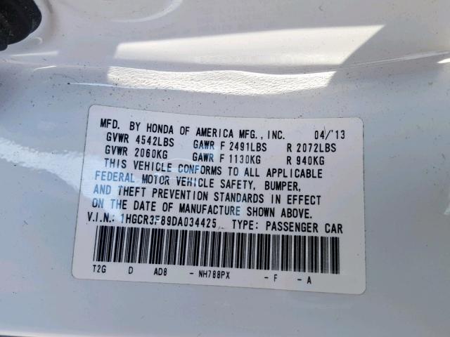 1HGCR3F89DA034425 - 2013 HONDA ACCORD EXL WHITE photo 10