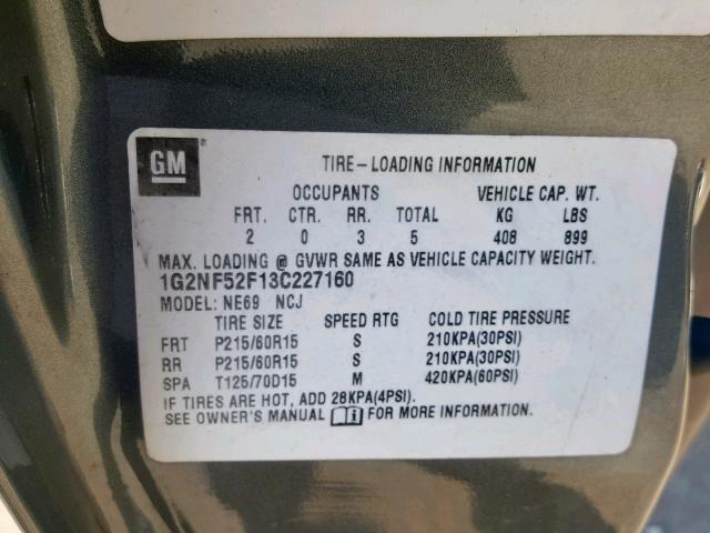 1G2NF52F13C227160 - 2003 PONTIAC GRAND AM S GRAY photo 10