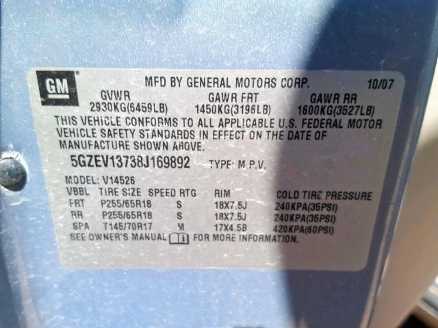 5GZEV13738J169892 - 2008 SATURN OUTLOOK XE GRAY photo 10
