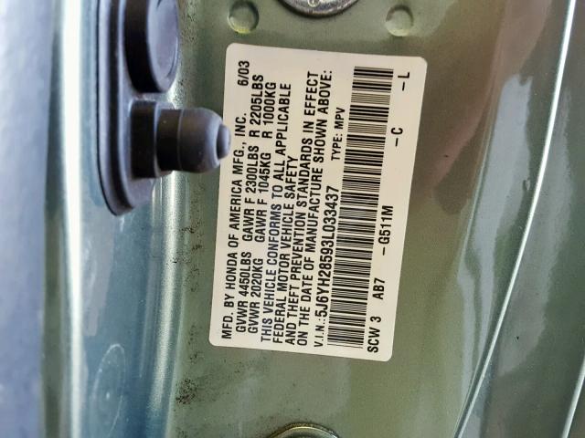 5J6YH28593L033437 - 2003 HONDA ELEMENT EX GREEN photo 10