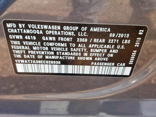 1VWAT7A36EC028935 - 2014 VOLKSWAGEN PASSAT S GRAY photo 10